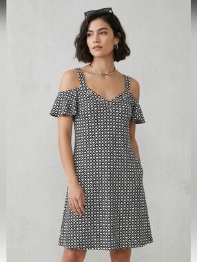 Lily Morgan Black & White Open Shoulder Cold Shoulder Eyelet A-Line Dress Size L